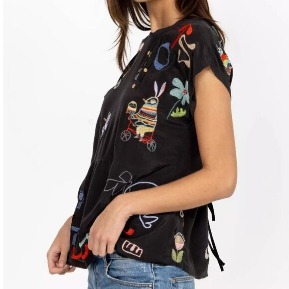 Johnny Was Biya Embroidered Silk Top with adjustable Tie-Back - Picture 2 of 8